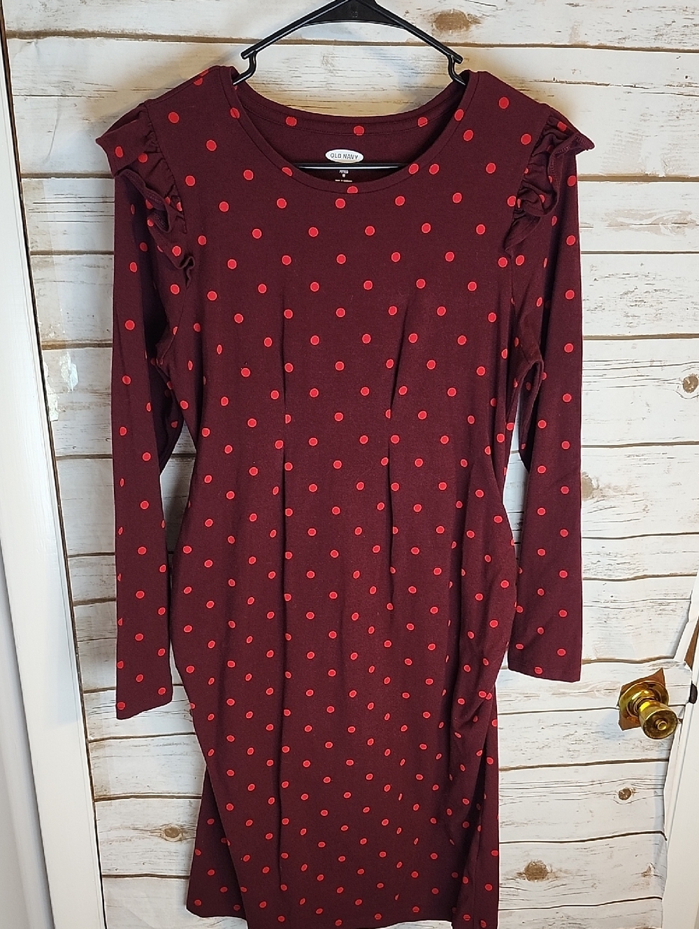 Old Navy Maternity Maroon Dress with Red Polka Dots and Ruffle Shoulders